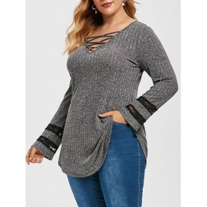 

Plus Size Lace Insert Crisscross Heathered Knitwear, Carbon gray