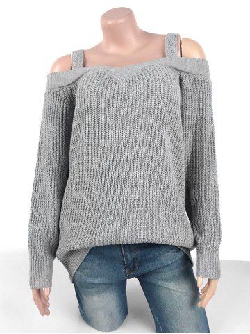 Plus Size Chunky Cold Shoulder Sweater - LIGHT GRAY - M