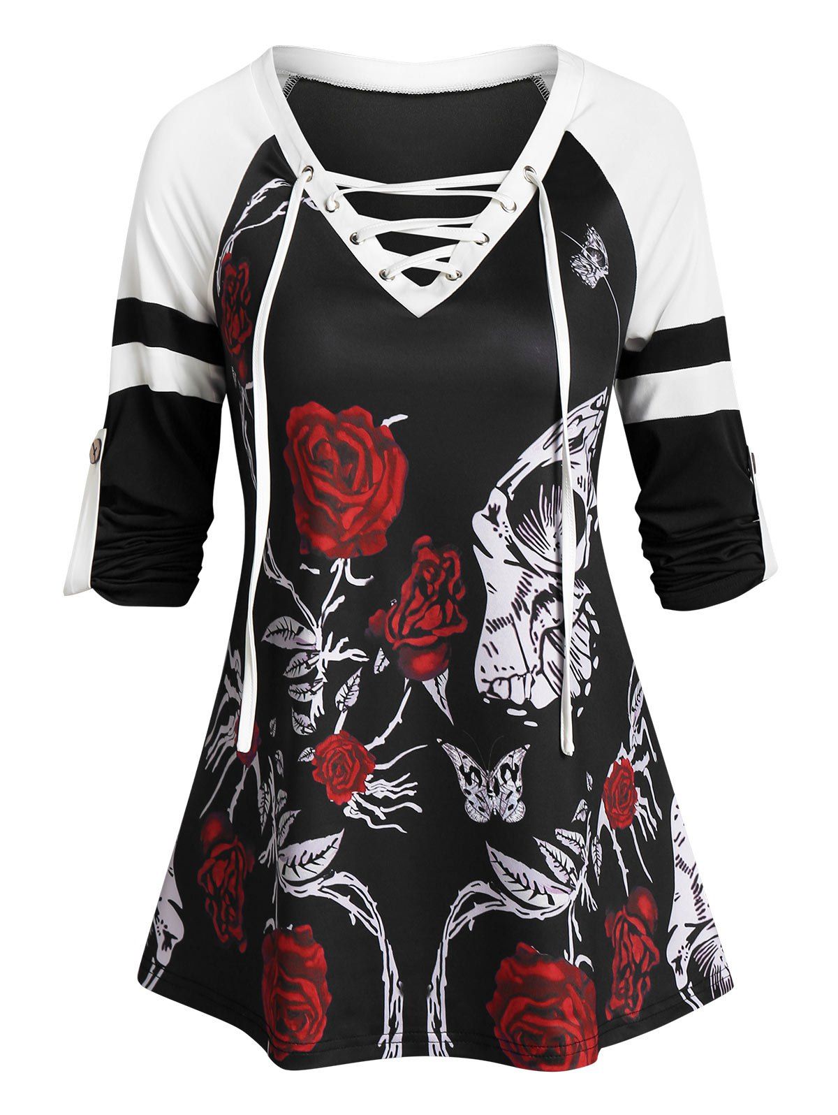 

Raglan Sleeve Halloween Skeleton Flower Print Lace-up T-shirt, Black
