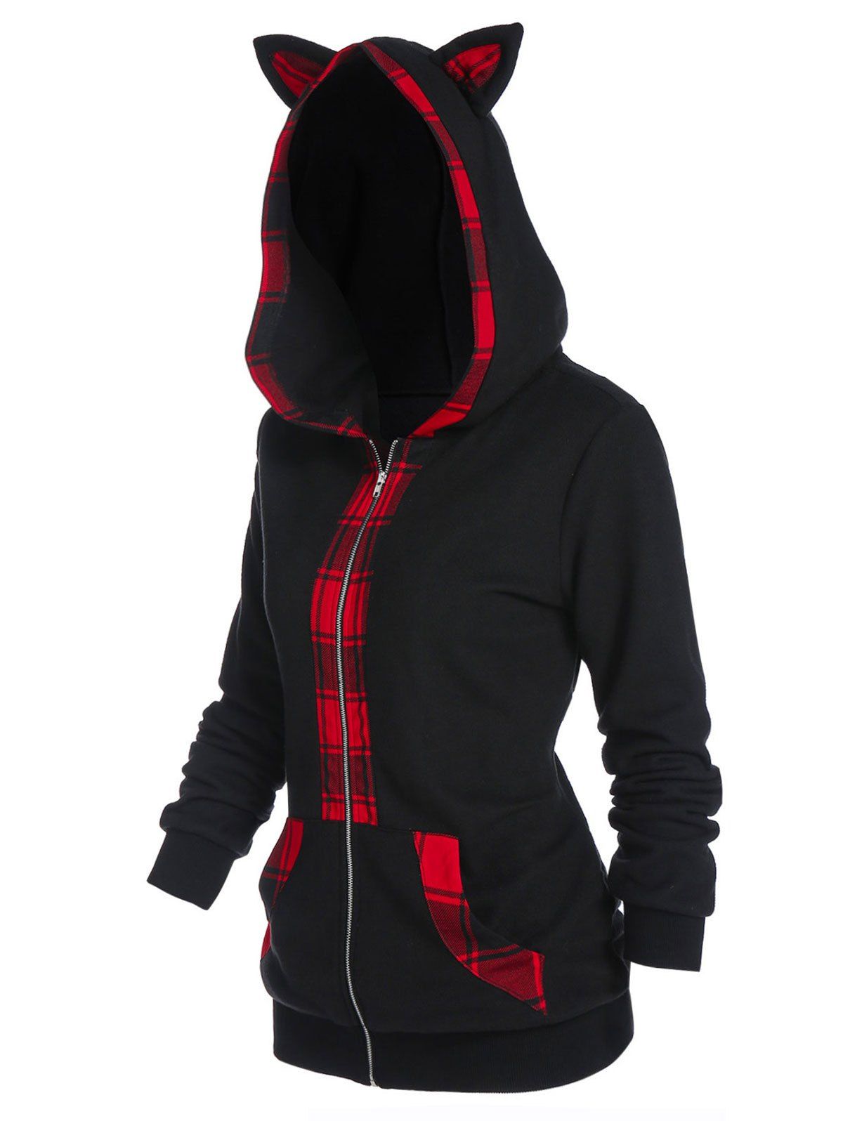 

Plaid Panel Zipper Animal Ears Fleece Hoodie, Black