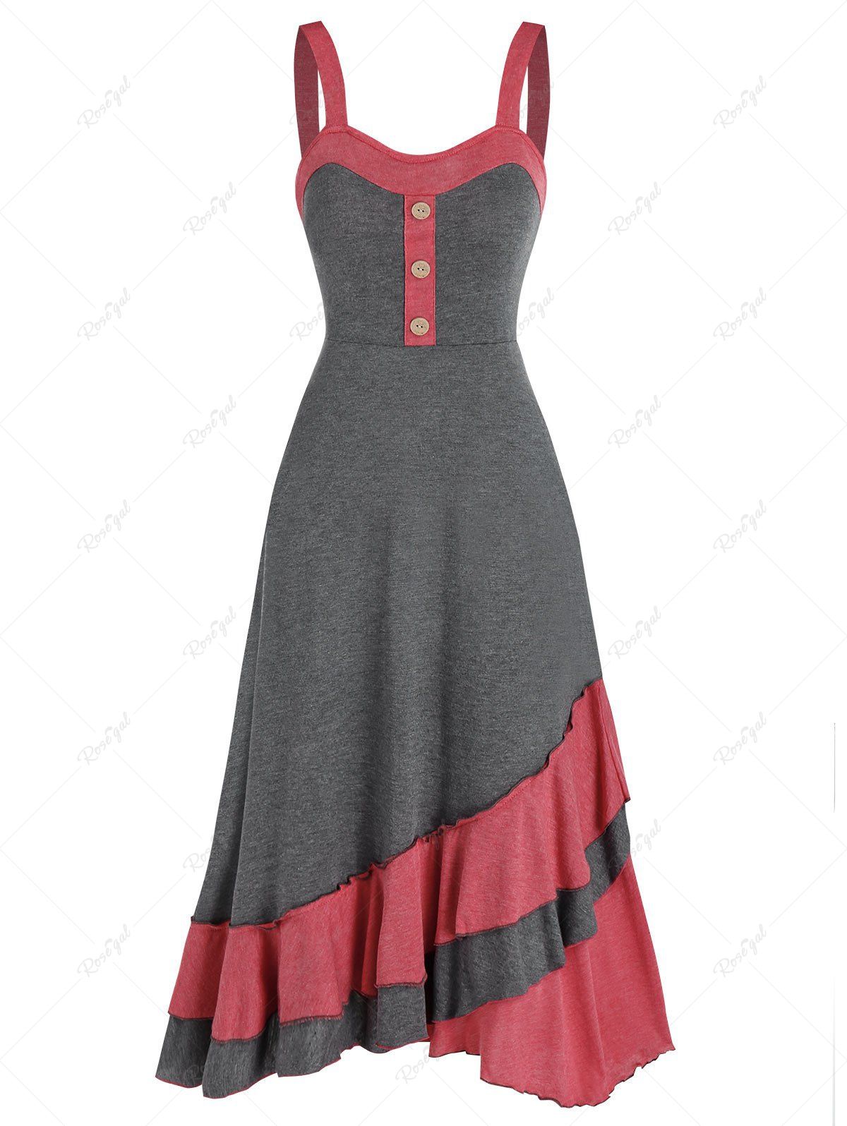 

Colorblock Mock Button Layered Ruffle Cami Dress, Gray
