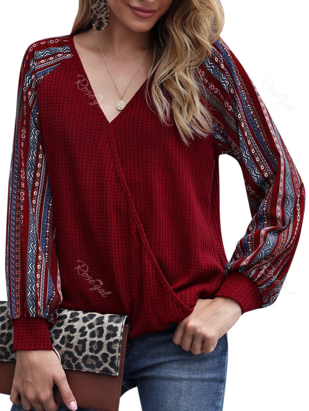 

Tribal Print Raglan Sleeve Surplice Knitwear, Red