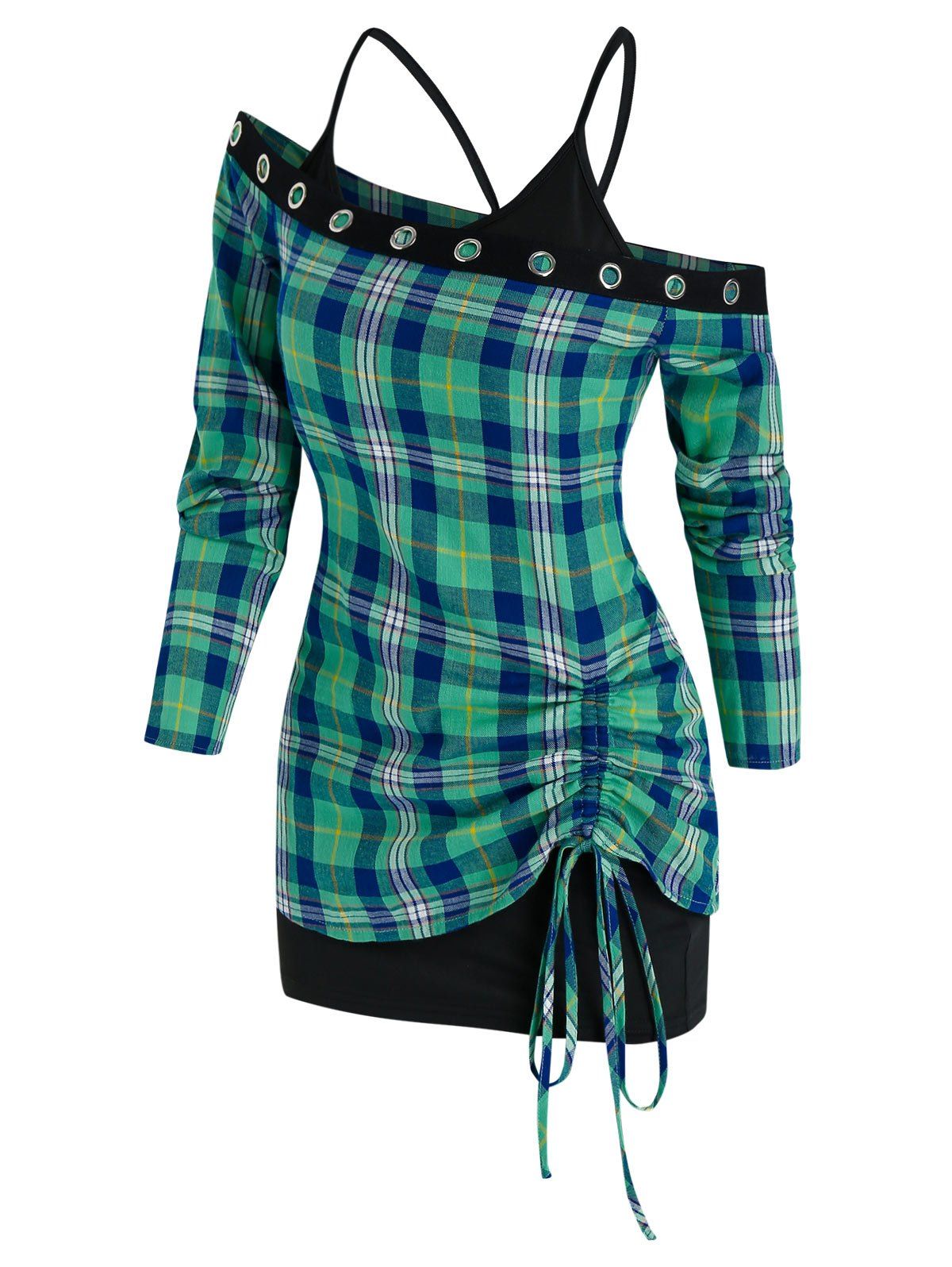 

Plaid Print Cinched T-shirt and Plain Cami Top, Light aquamarine