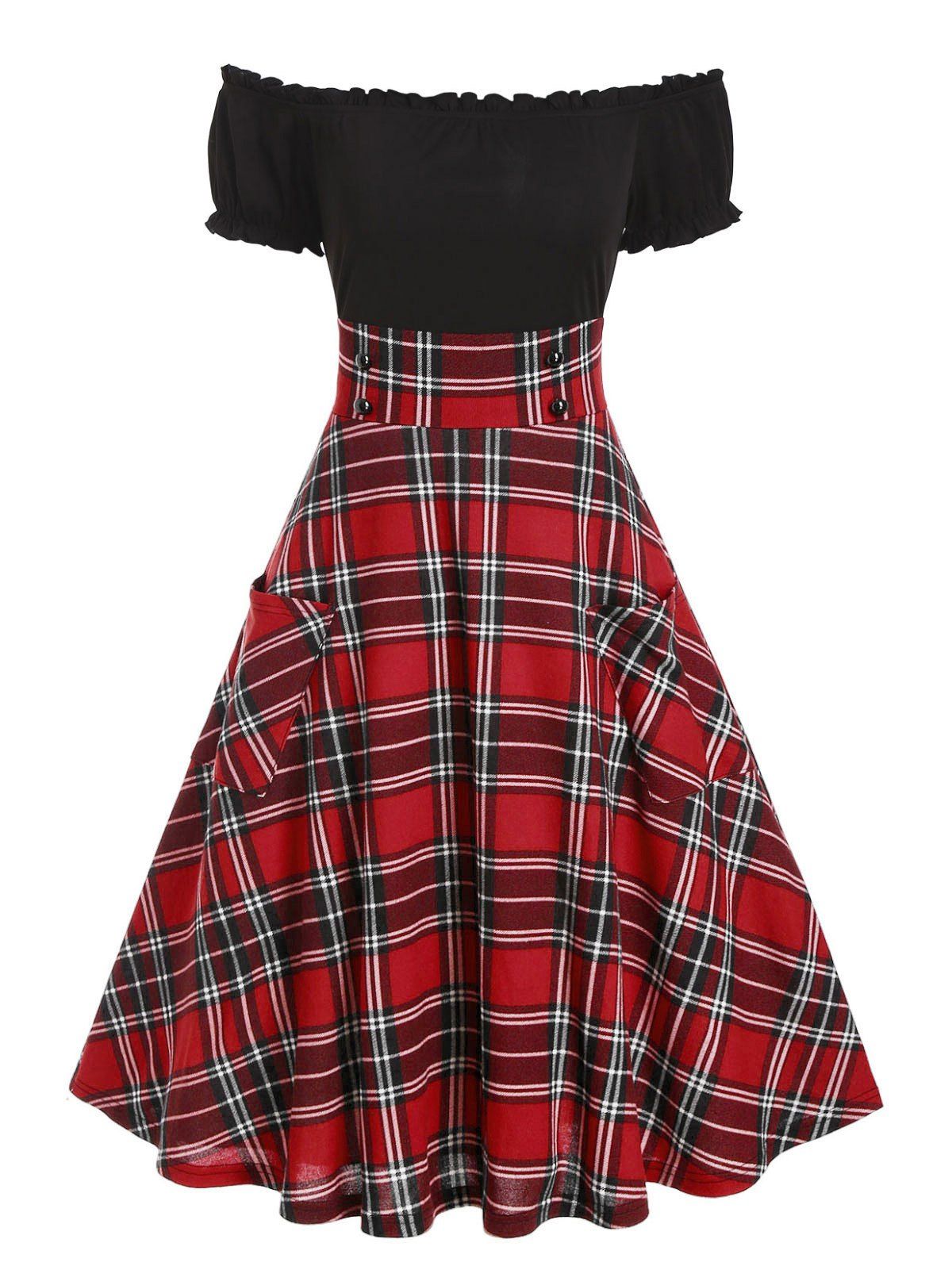 

Off The Shoulder Double Pockets Plaid Print Dress, Cherry red