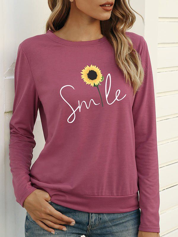 

Long Sleeve Sunflower Smile Graphic T-shirt, Light pink