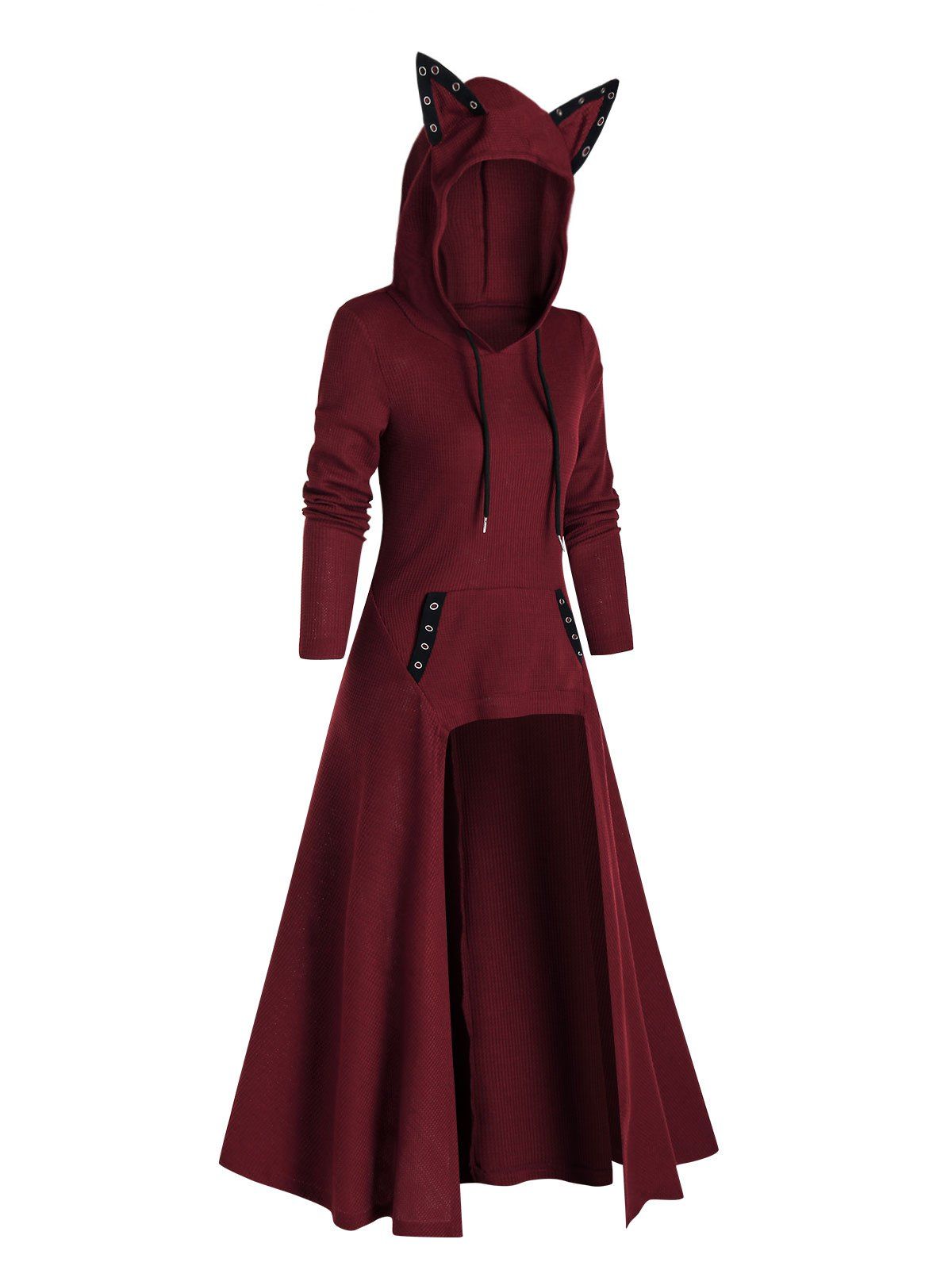 

Kangaroo Pocket Cat Ear High Low Drawstring Long Hoodie, Deep red