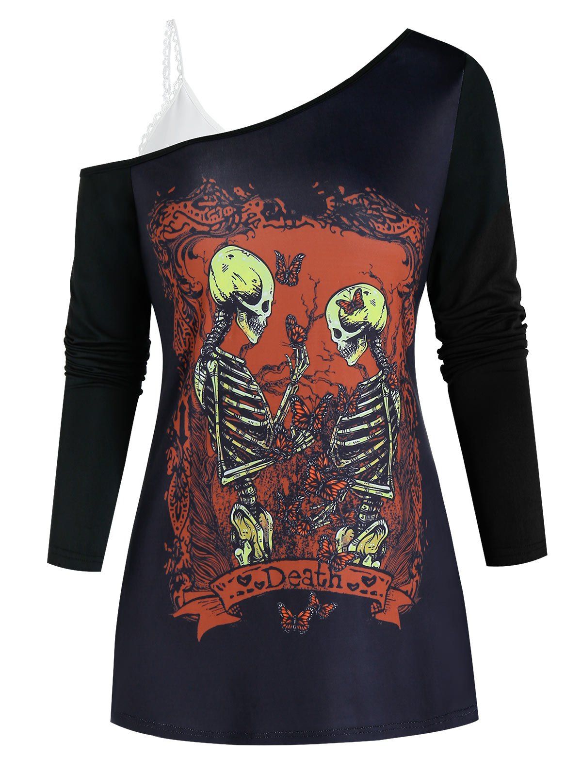 

Cold Shoulder Skeleton Graphic Two Piece Gothic T Shirt, Black