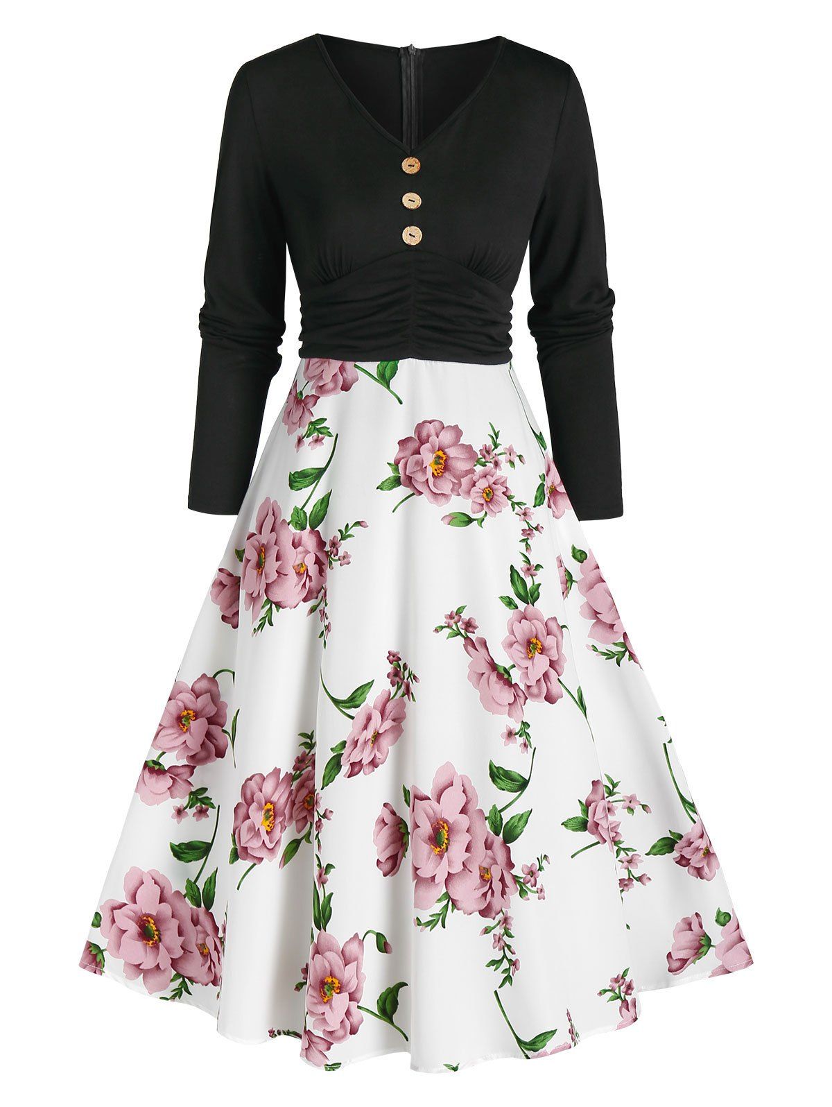 

Floral Print V Neck 2 In 1 A Line Dress, Black