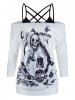 Floral Skull Print One Shoulder Two Piece T Shirt Set -  
