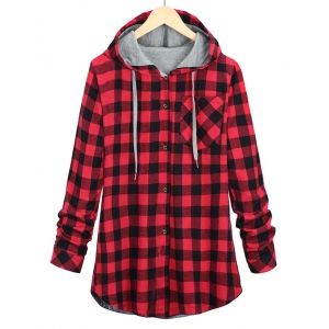 

Plus Size Hooded Drawstring Plaid Shacket, Red
