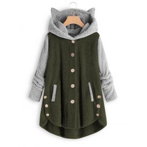 

Plus Size Dog Ear Colorblock High Low Plush Coat, Green