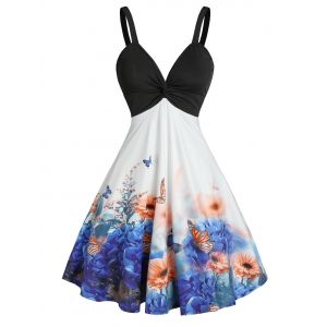 

Front Twist Floral Butterfly Print Dress, Multi