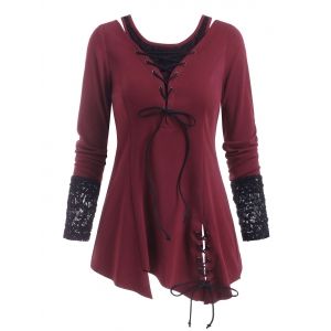 

Lace-up Lace Panel Cold Shoulder Asymmetrical Top, Deep red