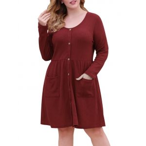 

Textured Button Up Dual Pocket Plus Size Dress, Deep red