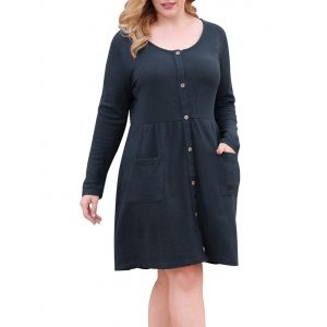 

Textured Button Up Dual Pocket Plus Size Dress, Blue