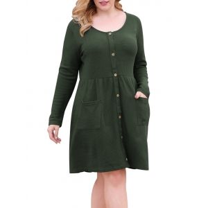 

Textured Button Up Dual Pocket Plus Size Dress, Deep green
