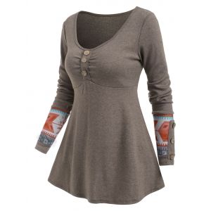 

Mock Button Geo Long Sleeve T-shirt, Light coffee