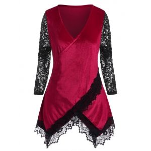 

Plus Size Lace Panel Velvet Surplice Tee, Deep red