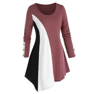 

Plus Size Asymmetric Colorblock T Shirt, Red wine