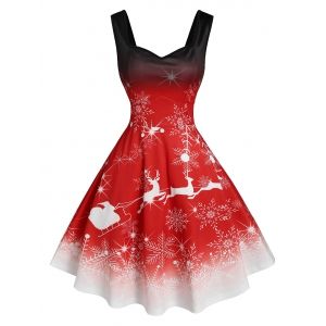 

Christmas Snowflake Elk Print Ombre Color Dress, Red