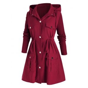 

Plus Size Hooded Drawstring Pocket Tunic Coat, Red wine