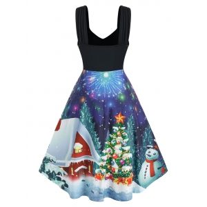 

Plus Size Christmas Ruched Snowman Print Dress, Black