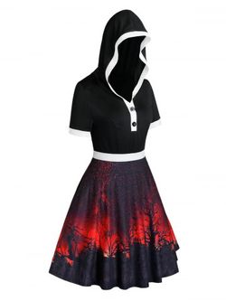 Plus Size Halloween Printed Hooded Flare Dress - BLACK - L