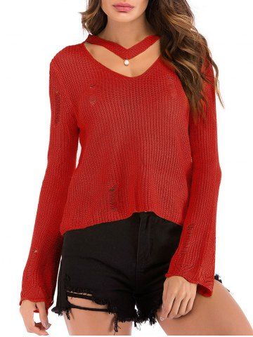 Gargantilla abalorios rasgado de la llamarada de la manga del suéter - RED - XL