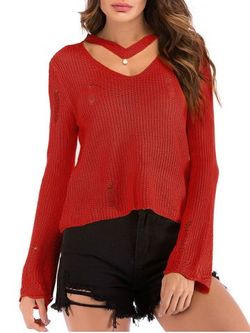 Beading Choker Ripped Flare Sleeve Sweater - RED - XL