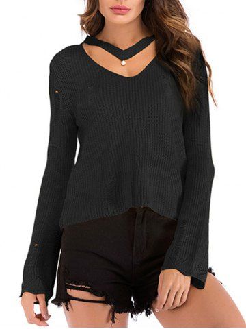 Beading Choker Ripped Flare Sleeve Sweater - BLACK - L