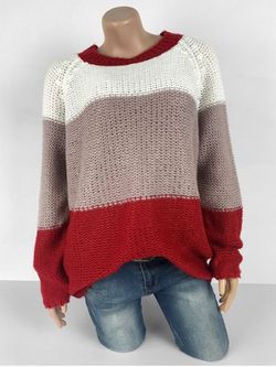 Plus Size Colorblock Raglan Sleeve Sweater - RED - L