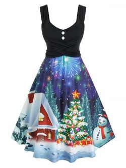 Más el tamaño de Navidad muñeco de nieve con pliegues vestido de la impresión - BLACK - 1X