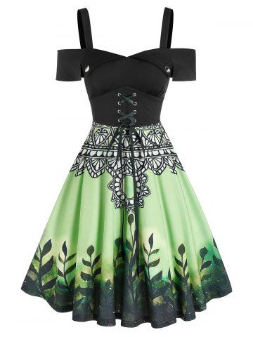 Cold Shoulder Leaf Print Lace-up Dress - MULTI-A - XL