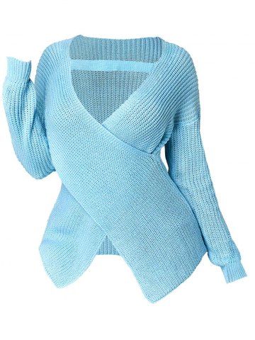 Plus Size Plunge Crossover Sweater - LIGHT BLUE - 1X