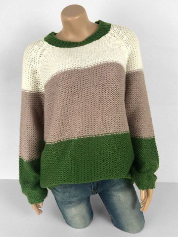 Más el tamaño de Colorblock del raglán de la manga del suéter - GREEN - L