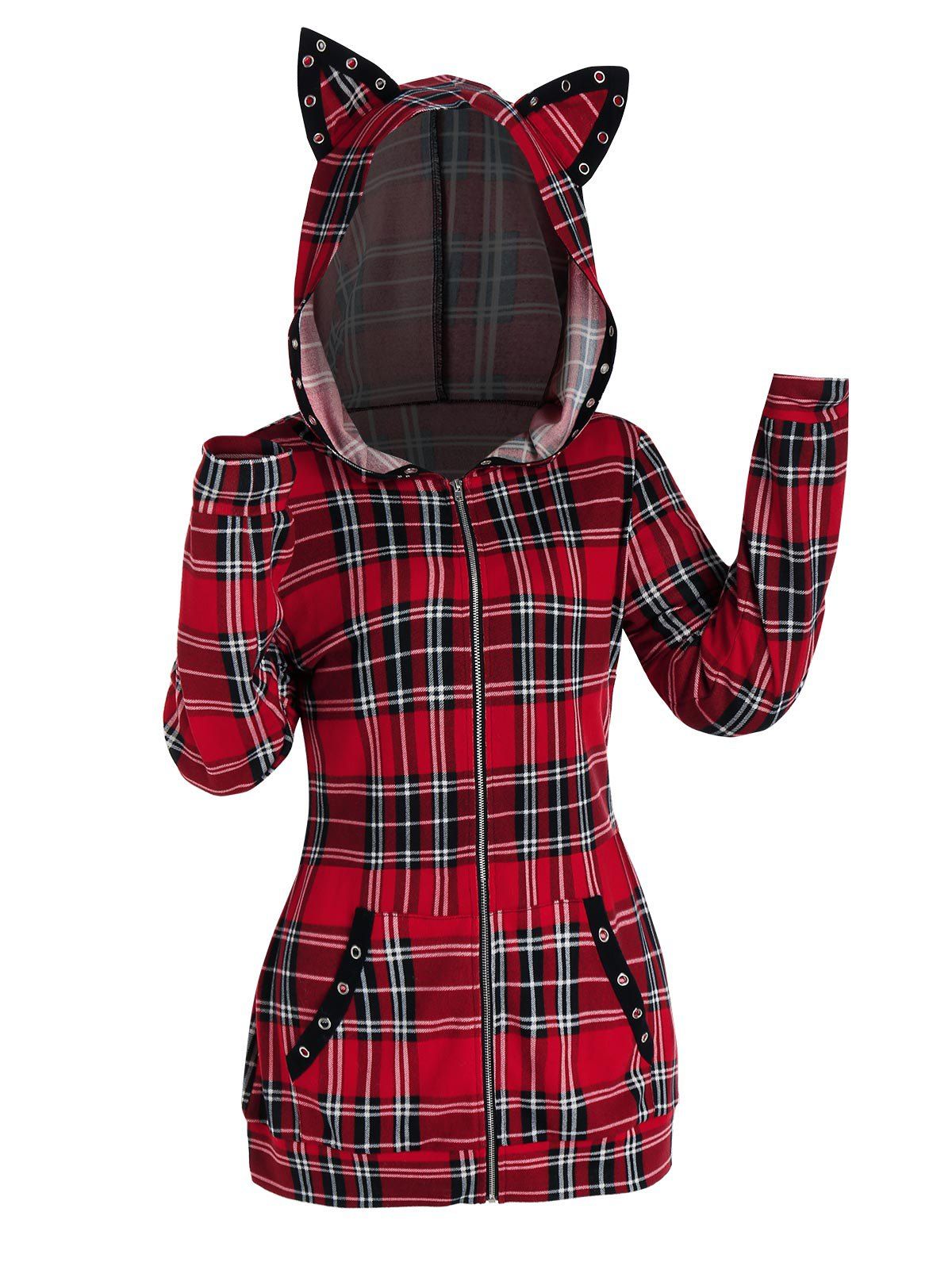 

Plaid Print Zip Up Cat Ear Hooded Jacket, Red