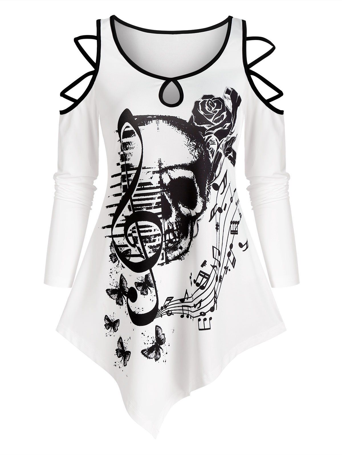 

Music Skull Graphic Cold Shoulder Asymmetrical T Shirt, White