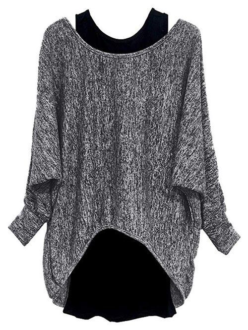 

Plus Size Batwing Sleeve Space Dye Tee and Tank Top Set, Gray
