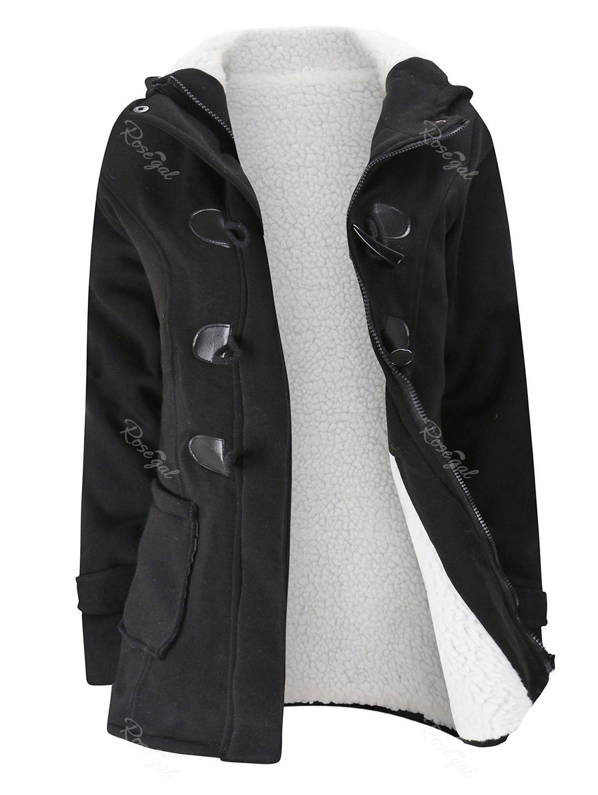 

Plus Size Faux Shearling Lined Hooded Duffle Coat, Black