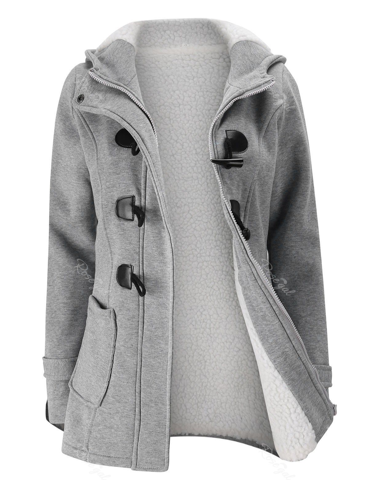 

Plus Size Faux Shearling Lined Hooded Duffle Coat, Light gray