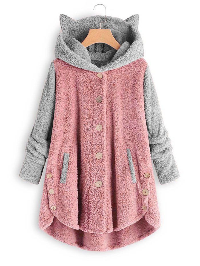 

Plus Size Dog Ear Colorblock High Low Plush Coat, Light pink