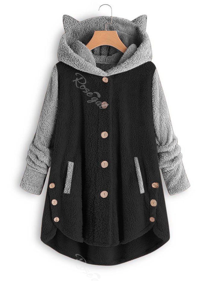 

Plus Size Dog Ear Colorblock High Low Plush Coat, Black