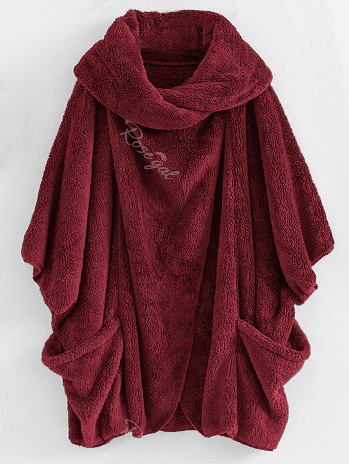 

Plus Size Plush Batwing Sleeve Faux Fur Coat, Deep red