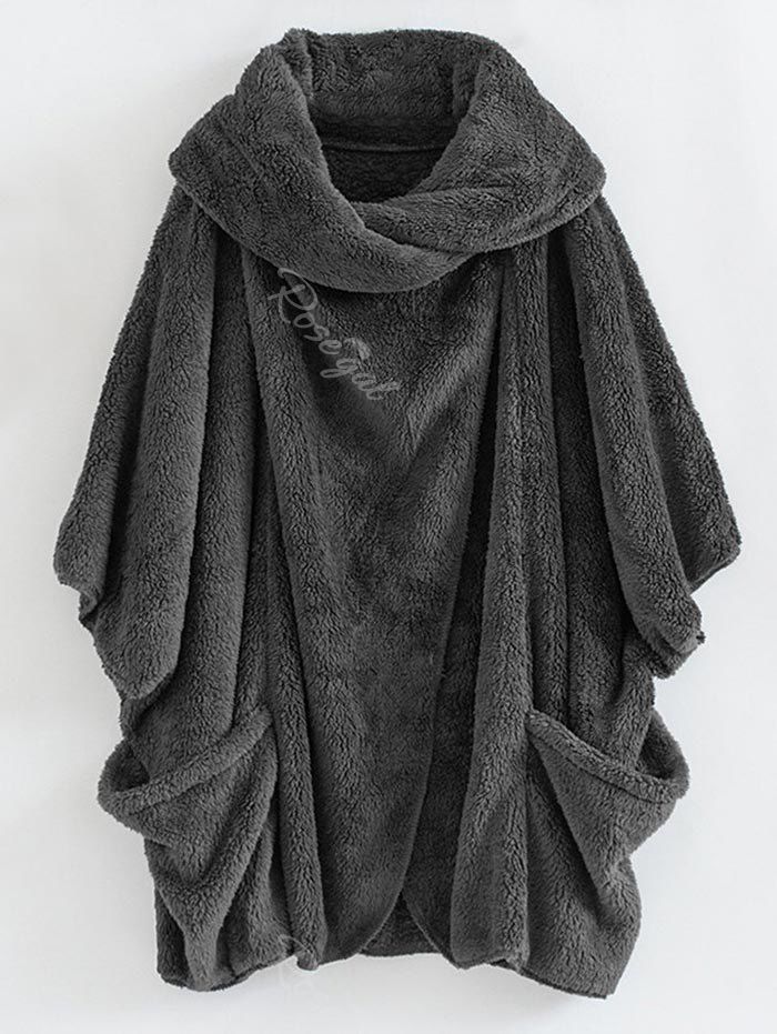 

Plus Size Plush Batwing Sleeve Faux Fur Coat, Gray