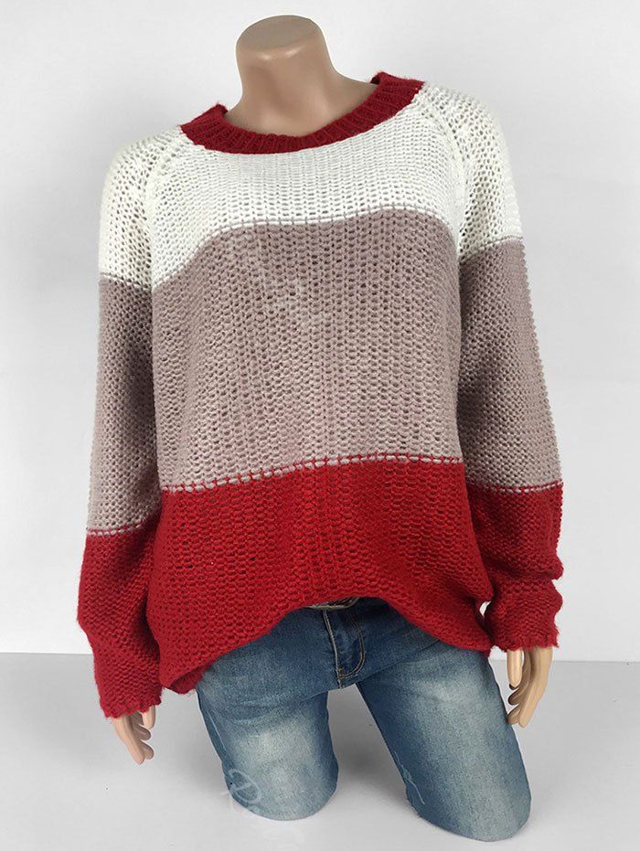 Hot Plus Size Colorblock Raglan Sleeve Sweater  