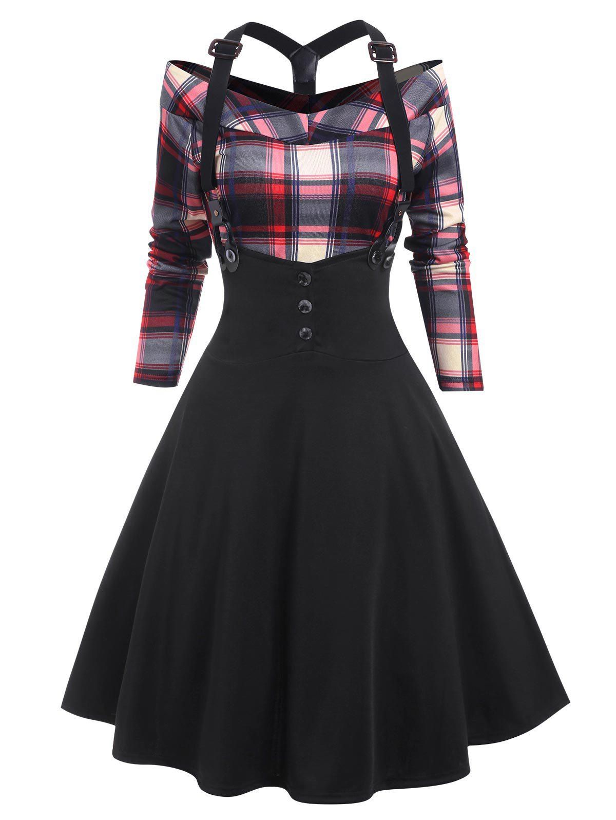 

Plaid Knee Length Suspender Skirt Set, Black