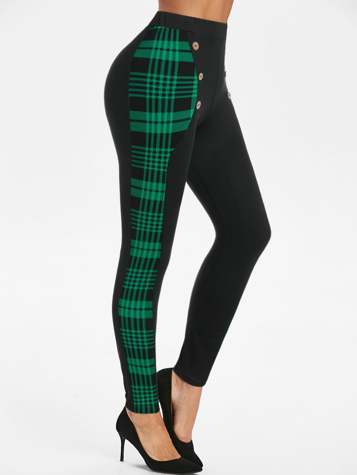 

Houndstooth Panel Button Elastic Waist Leggings, Pine green