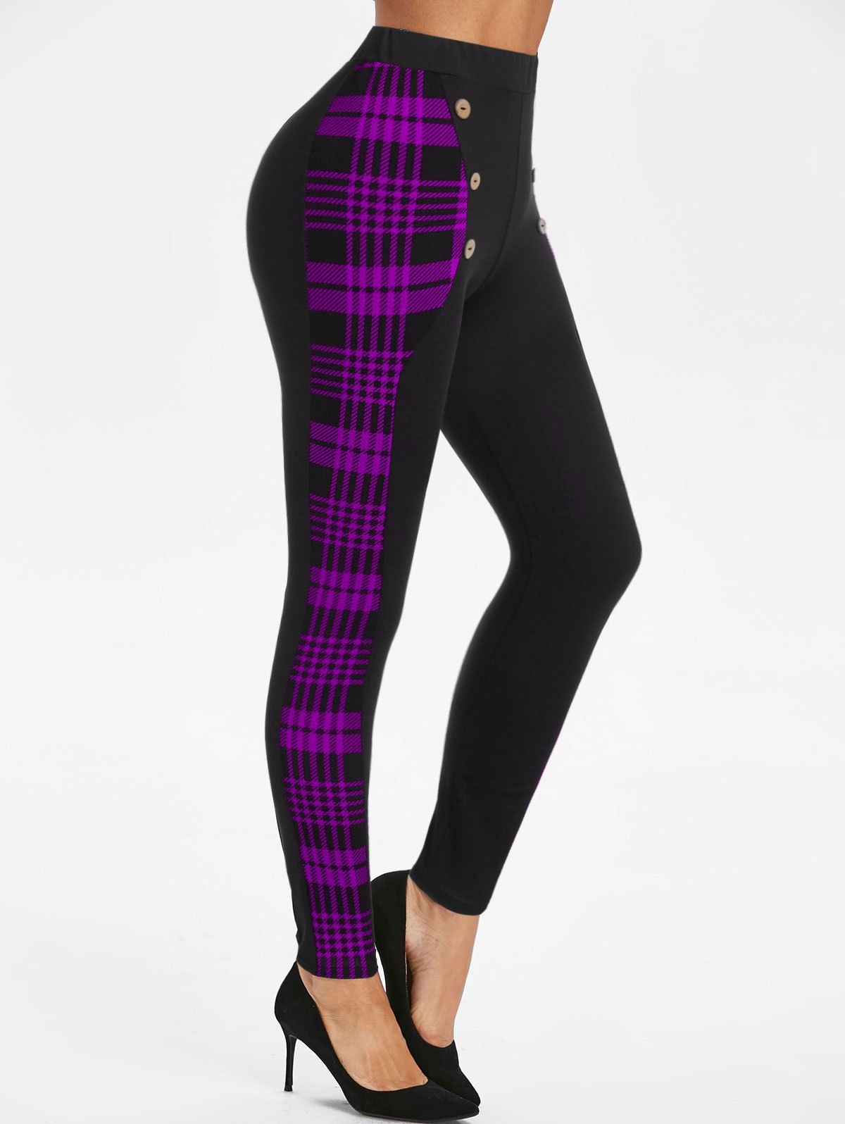 

Houndstooth Panel Button Elastic Waist Leggings, Dark orchid