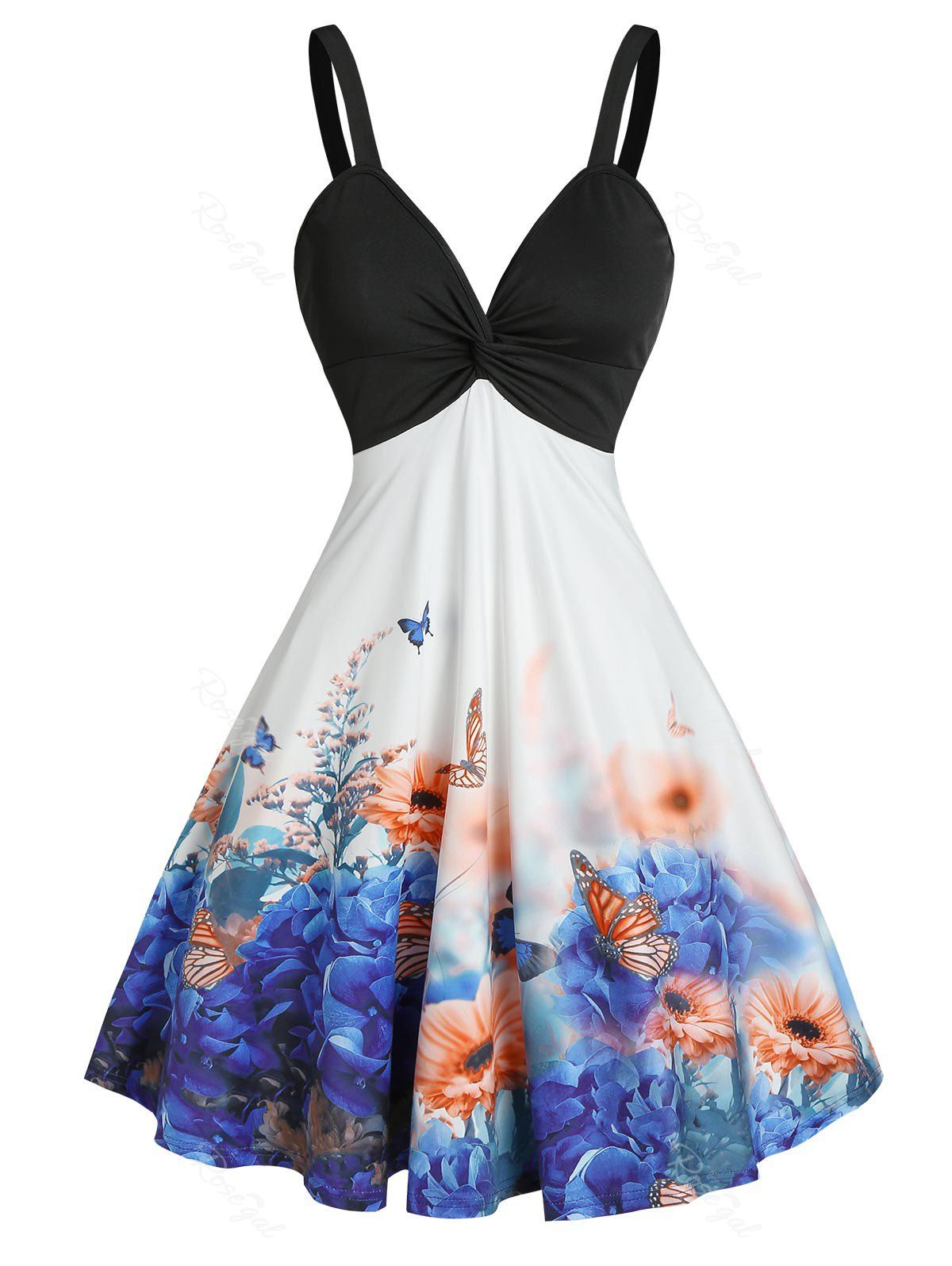 Trendy Front Twist Floral Butterfly Print Dress  