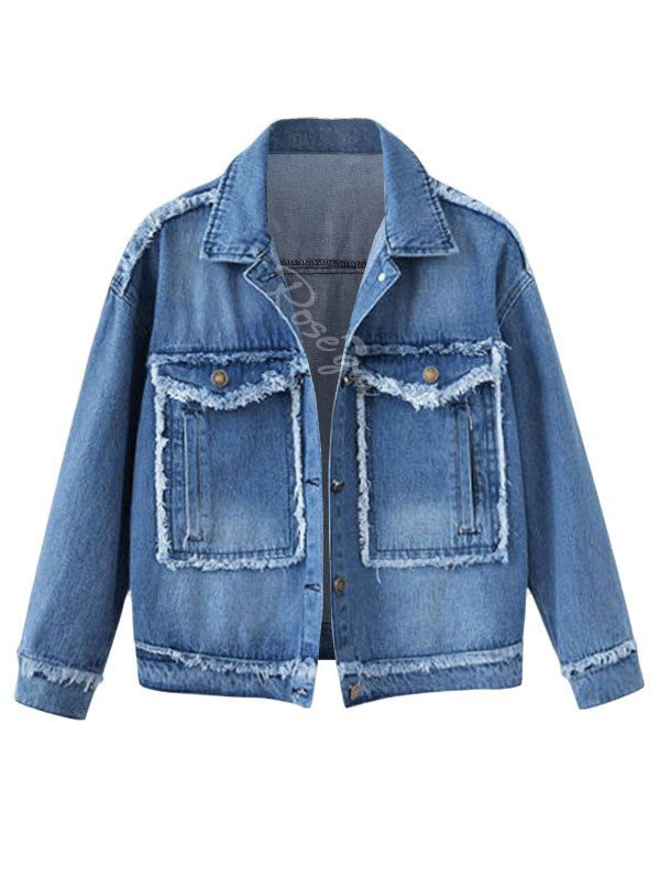 

Plus Size Patchwork Frayed Denim Jacket, Deep blue